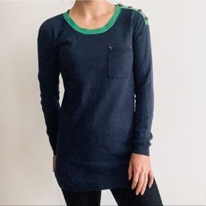 Madewell Wallace Blue & Green Contrast Tunic Button Sweater
